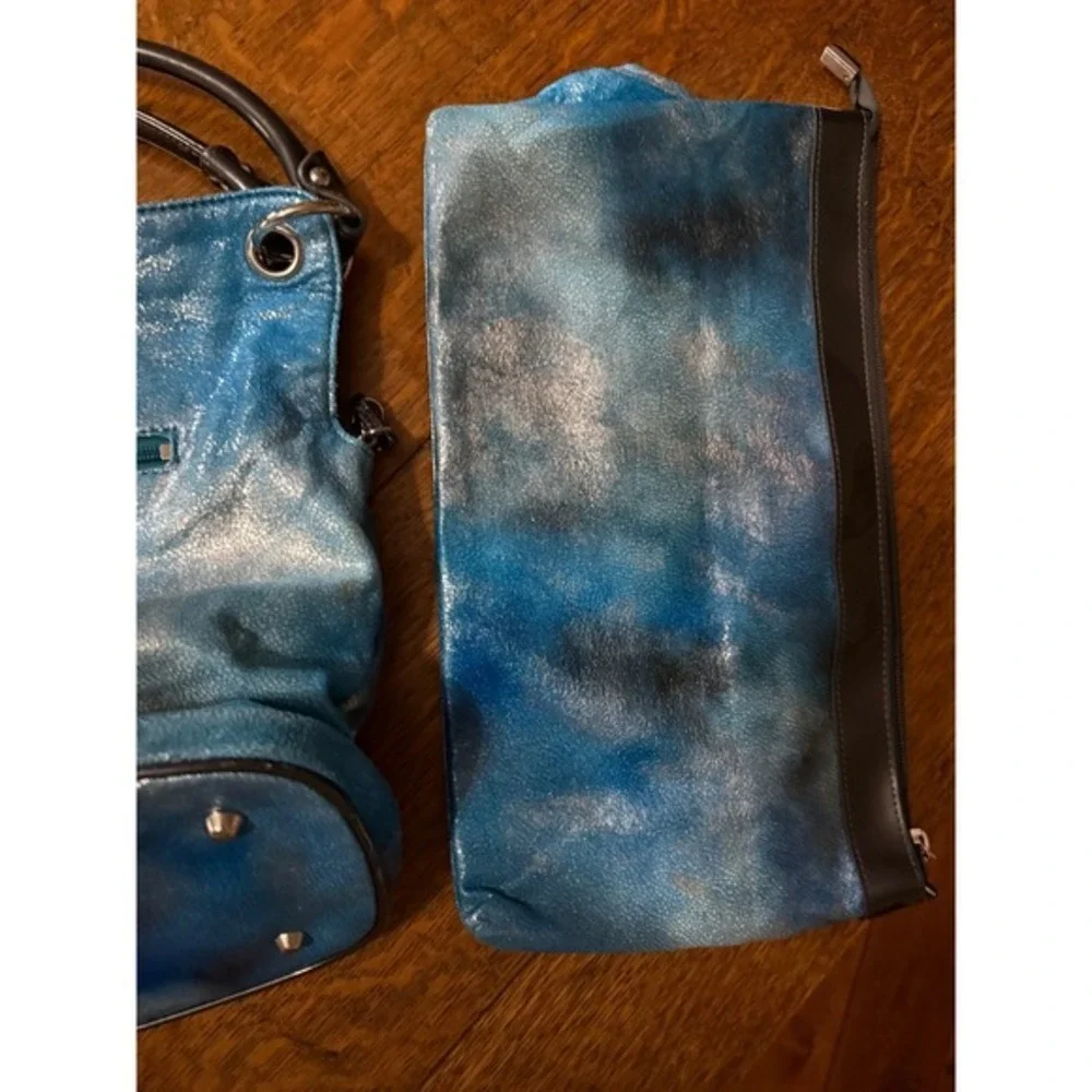 Beijo Couture Blue Silver Metallic Tie Dye‎ Hobo Bag and Pouch Set 2pc
